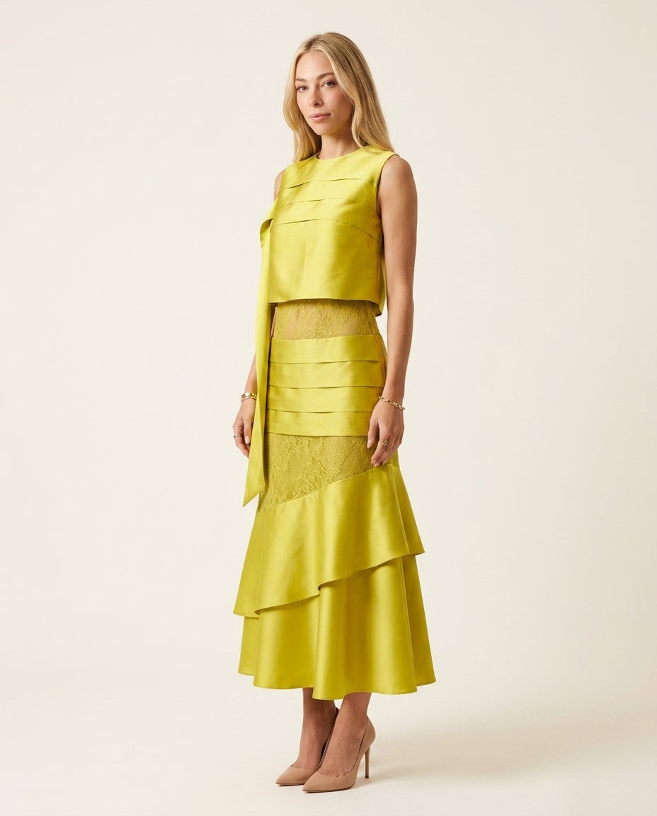 Lime Charm Evening Lace Two-Piece Set Lime Two-Piece Set with Asymmetric silhouette and Satin texture, side or back garment view for Date Night, a Palm Springs weekend, US Coastal Glam