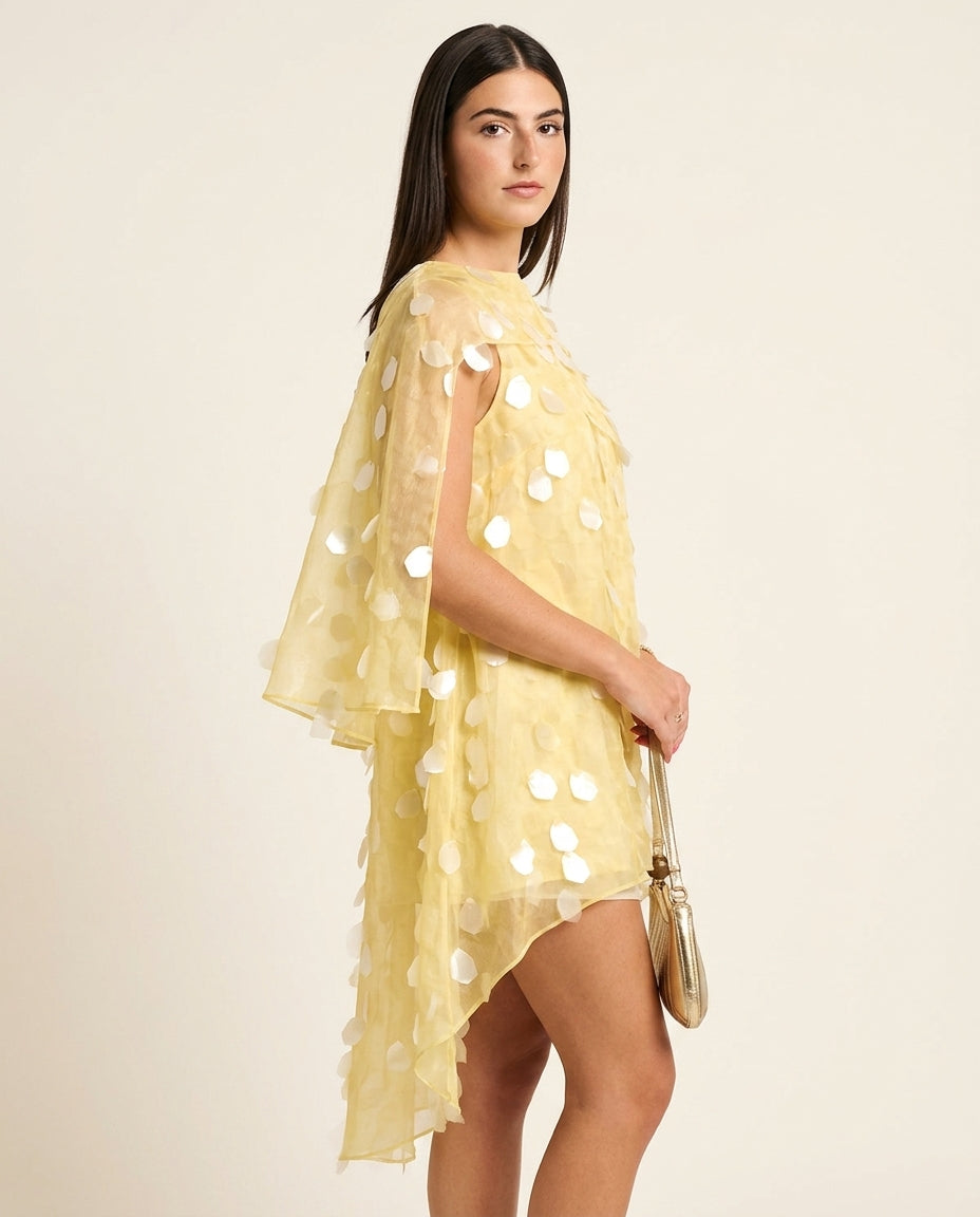 Butter Yellow Grace Evening Sheer Maxi Dress Butter Yellow Maxi Dress with Asymmetric silhouette and Textured texture, side or back garment view for Resort Wear, Evening in Amalfi, Euro Chic Premium by -