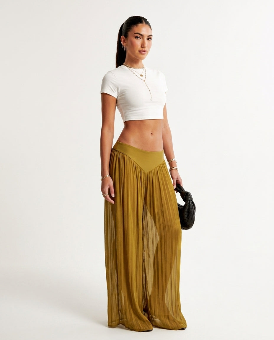 Olive Green Muse Resort Textured Romper Olive Green Romper with Wide-Leg silhouette and Textured texture, side or back garment view for Resort Wear, a rooftop dinner in LA, US Coastal Glam
