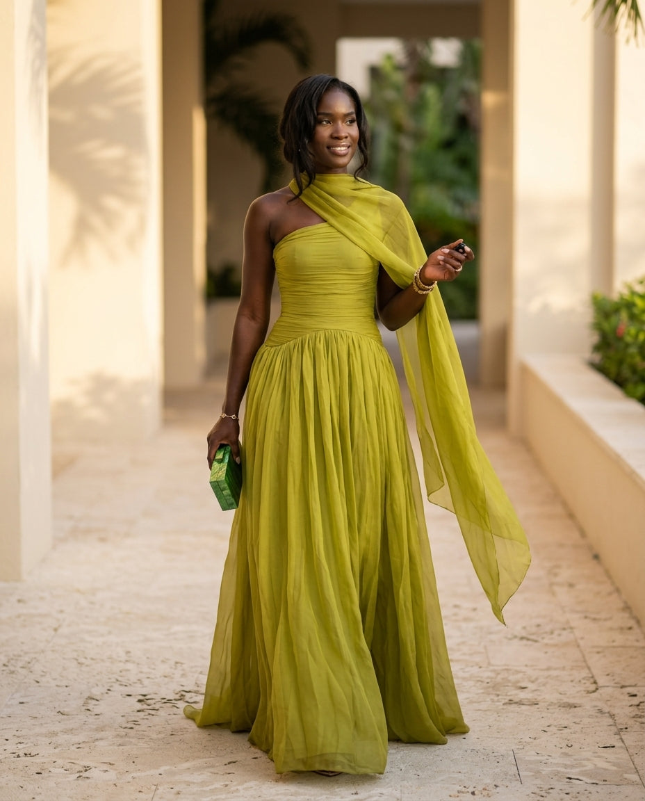 Sage Solace Evening Ruched Maxi Dress Sage Maxi Dress with Asymmetric silhouette and Textured texture, lifestyle scene image for Date Night, an estate dinner at golden hour, US East / Hamptons Elite by Rieiss
