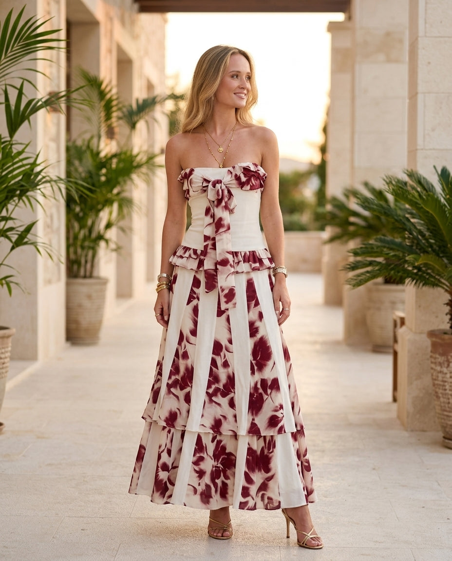 Ivory Lustre Resort Floral Maxi Dress Ivory Maxi Dress with Relaxed Fit silhouette and Textured texture, lifestyle scene image for Resort Wear, a polished coastal brunch, US East / Hamptons Elite by rieiss