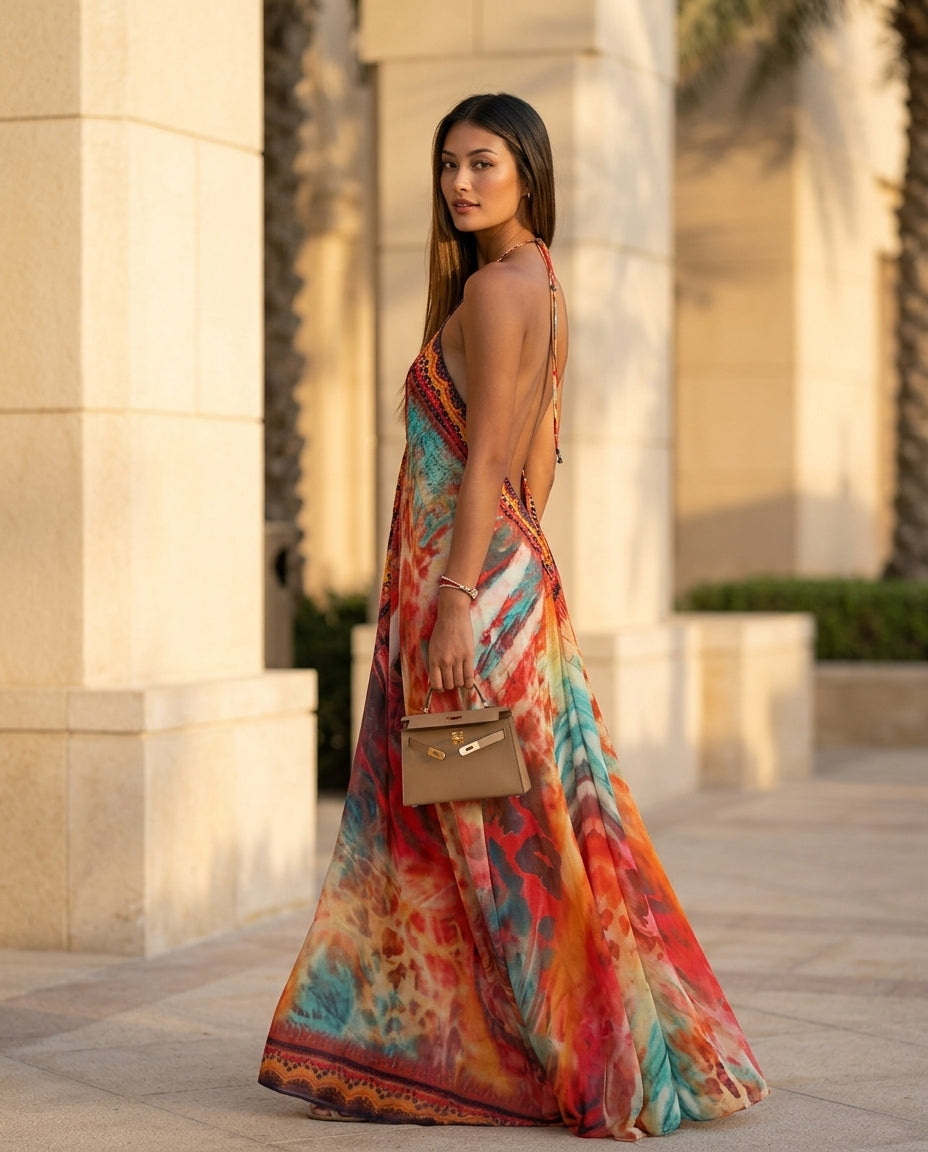 Orange Velvet Resort Abstract Print Maxi Dress Orange Maxi Dress with Asymmetric silhouette and Textured texture, lifestyle scene image for Resort Wear, a Palm Springs weekend, US Coastal Glam by rieiss