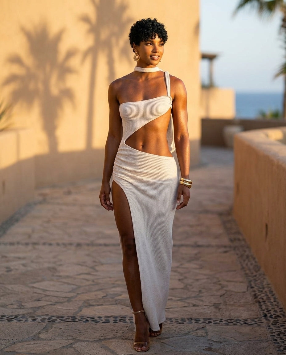 Ivory Whisper Evening Ribbed Maxi Dress Ivory Maxi Dress with Asymmetric silhouette and Ribbed Knit texture, lifestyle scene image for Resort Wear, a London dinner reservation, Euro Chic Premium by -