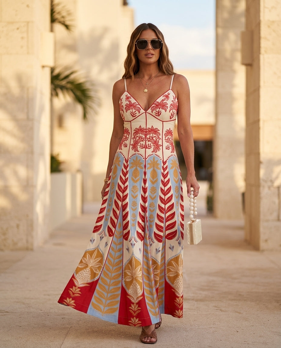 Ivory Reverie Resort Printed Maxi Dress Ivory Maxi Dress with Asymmetric silhouette and Textured texture, lifestyle scene image for Resort Wear, a private garden lunch, US East / Hamptons Elite by -