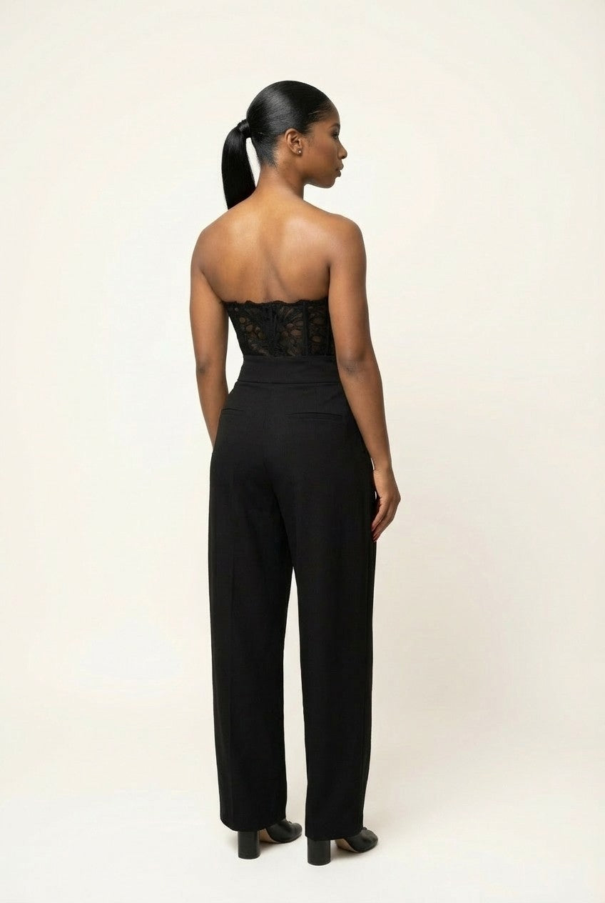 Lace Strapless Corset and High-Waisted Wide Leg Trousers Set