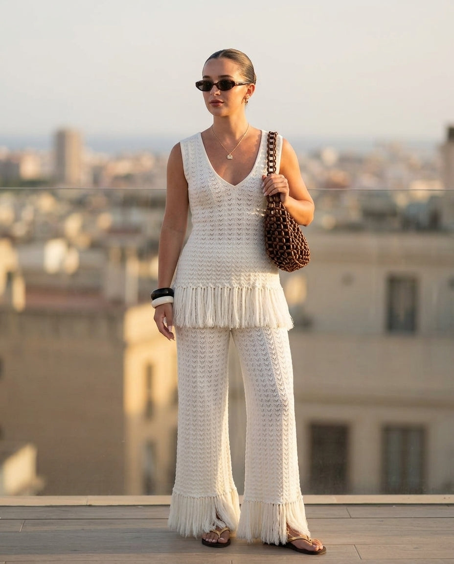 Ivory Bloom Resort Printed Romper Ivory Romper with Wide-Leg silhouette and Ribbed Knit texture, outdoor styling image for Resort Wear, Coffee in Marais, Euro Chic Premium by Rieiss