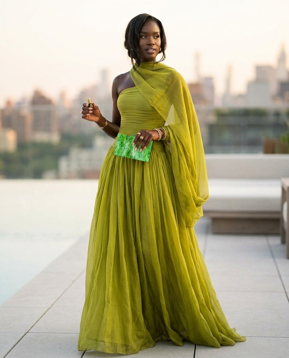 Sage Solace Evening Ruched Maxi Dress Sage Maxi Dress with Asymmetric silhouette and Textured texture, outdoor styling image for Date Night, an estate dinner at golden hour, US East / Hamptons Elite by Rieiss