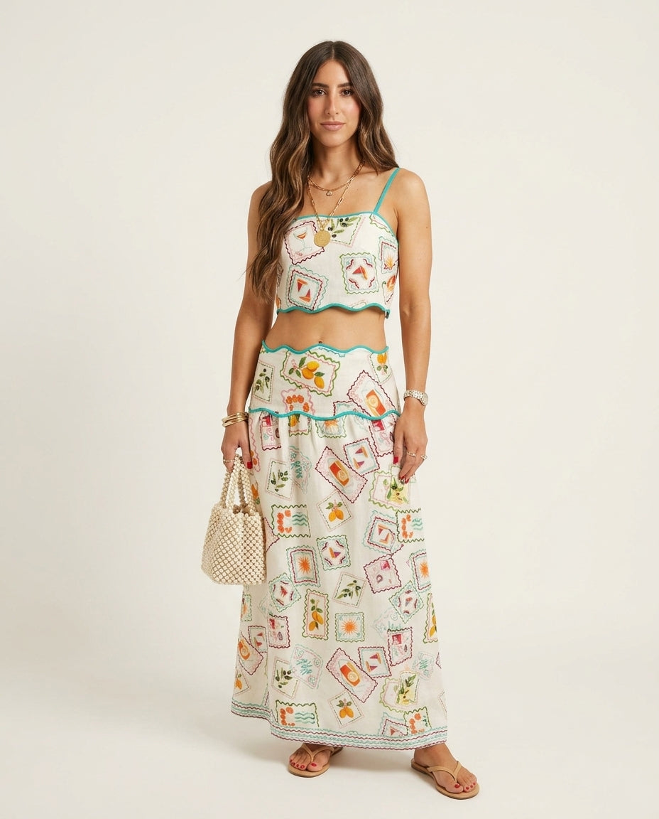 Ivory Aura Resort Printed Skirt Set Ivory Skirt Set with Asymmetric silhouette and Textured texture, outdoor styling image for Resort Wear, Brunch in SoHo, US Coastal Glam by rieiss