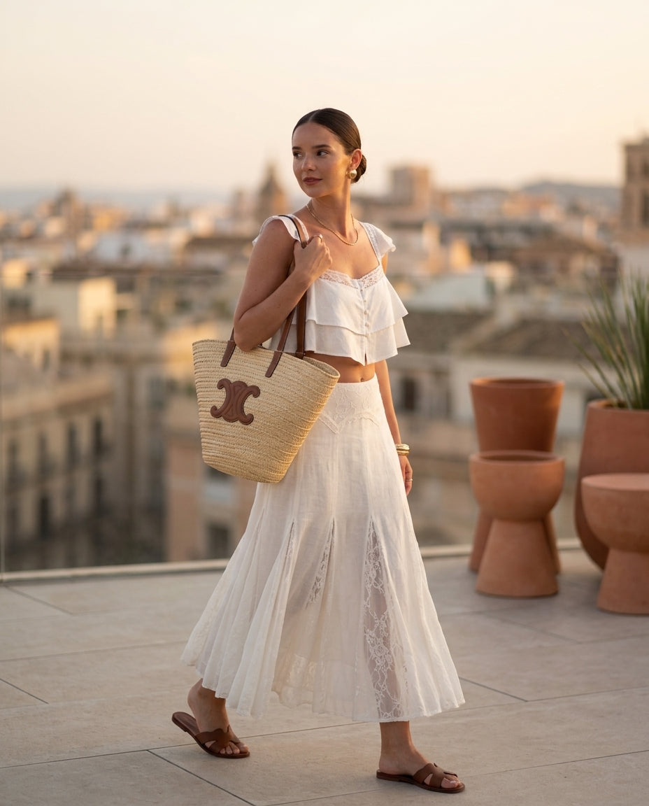 Ivory Poise Resort Eyelet Skirt Set Ivory Skirt Set with Cropped silhouette and Textured texture, outdoor styling image for Resort Wear, Evening in Amalfi, Euro Chic Premium by rieiss