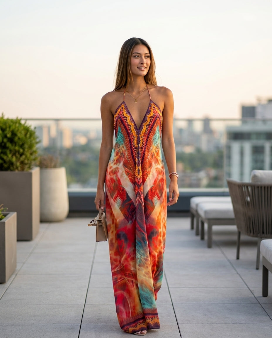 Orange Velvet Resort Abstract Print Maxi Dress Orange Maxi Dress with Asymmetric silhouette and Textured texture, outdoor styling image for Resort Wear, a Palm Springs weekend, US Coastal Glam by rieiss