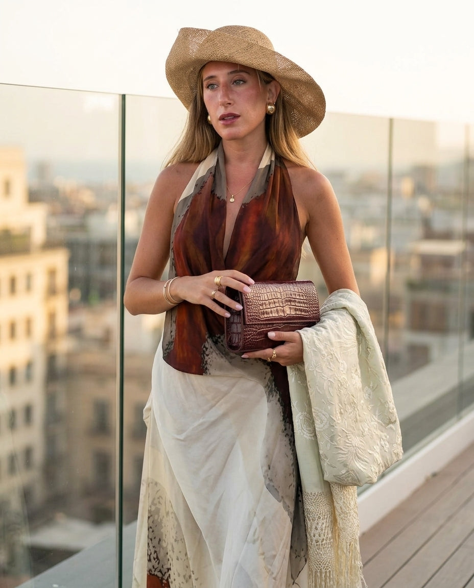 Brown Glow Resort Abstract Print Maxi Dress Brown Maxi Dress with Asymmetric silhouette and Textured texture, outdoor styling image for Resort Wear, a Palm Springs weekend, US Coastal Glam by -