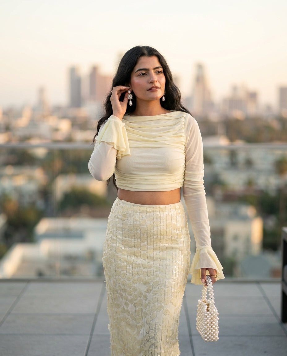 Ivory Lustre Evening Ruched Two-Piece Set Ivory Two-Piece Set with Asymmetric silhouette and Textured texture, outdoor styling image for Date Night, a rooftop dinner in LA, US Coastal Glam