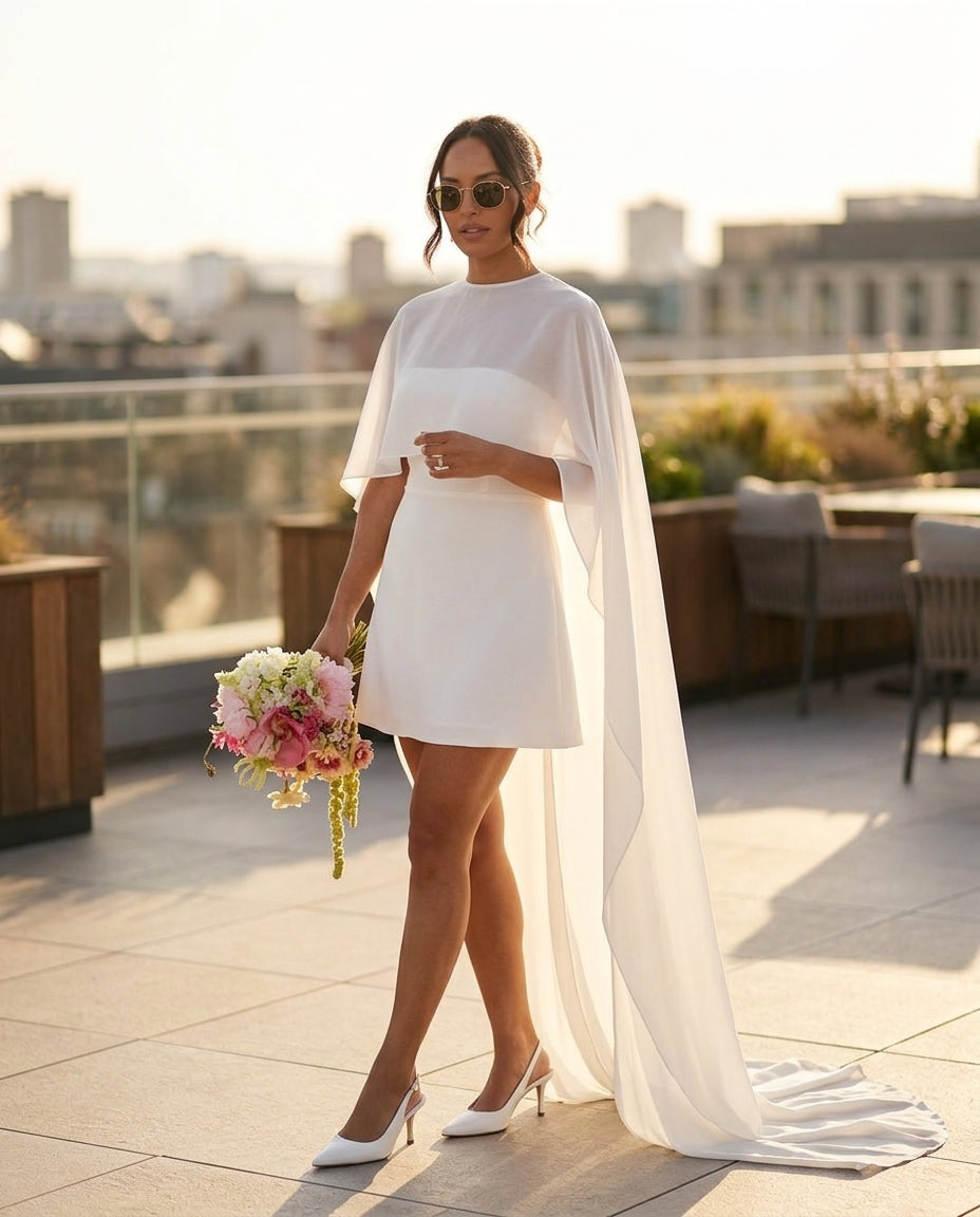 Ivory Aura Wedding Guest Printed Maxi Dress Ivory Maxi Dress with Asymmetric silhouette and Textured texture, outdoor styling image for Wedding Guest, a rooftop dinner in LA, US Coastal Glam by -