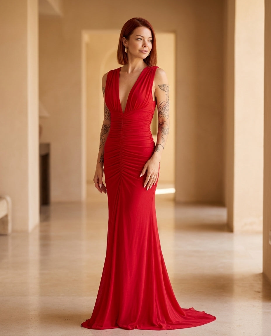 Red Aura Evening Ruched Maxi Dress Red Maxi Dress with Relaxed Fit silhouette and Ribbed Knit texture, editorial ecommerce scene for Date Night, a polished coastal brunch, US East / Hamptons Elite by Rieiss