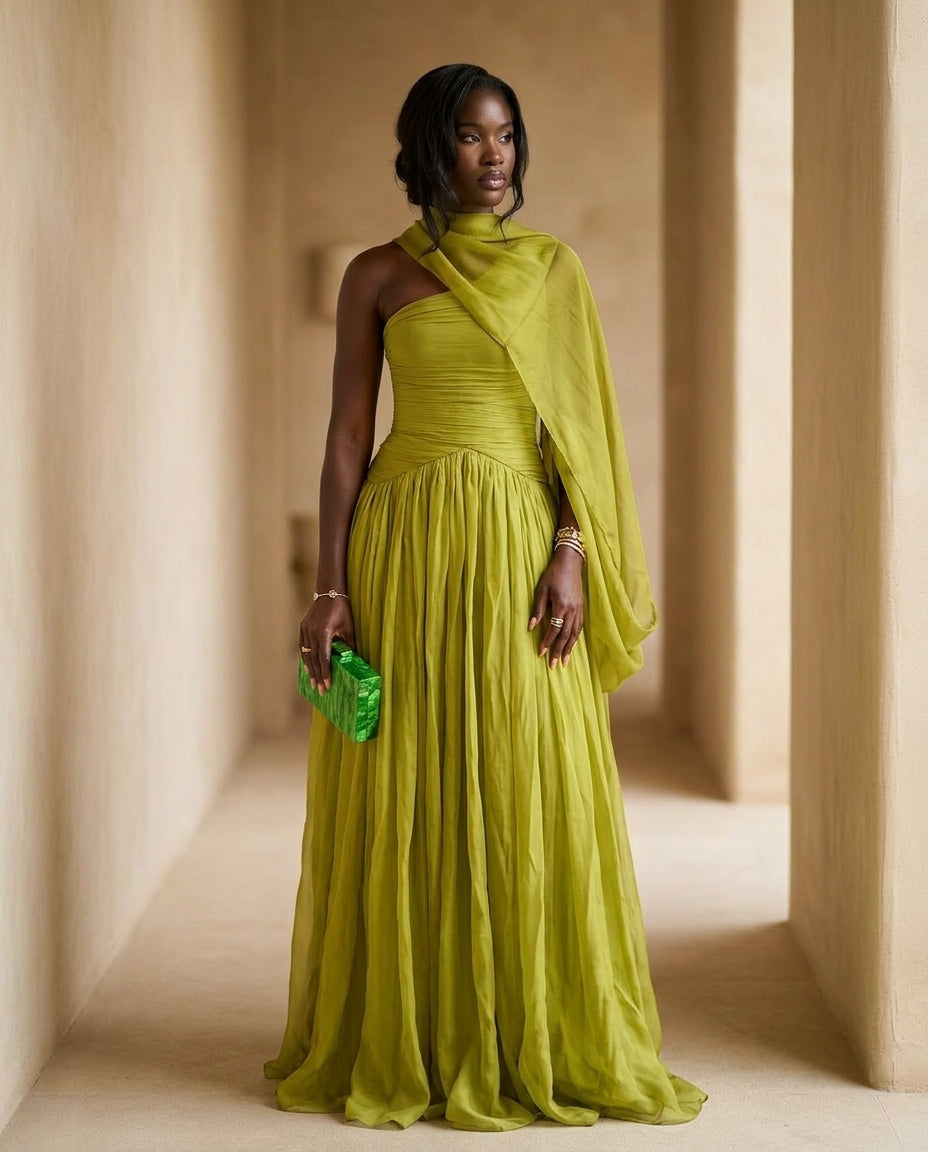 Sage Solace Evening Ruched Maxi Dress Sage Maxi Dress with Asymmetric silhouette and Textured texture, editorial ecommerce scene for Date Night, an estate dinner at golden hour, US East / Hamptons Elite by Rieiss