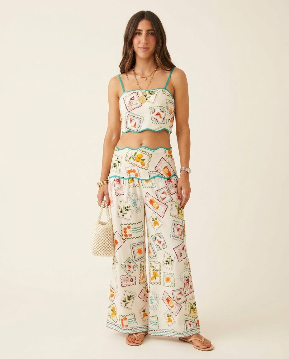 Ivory Aura Resort Printed Skirt Set Ivory Skirt Set with Asymmetric silhouette and Textured texture, editorial ecommerce scene for Resort Wear, Brunch in SoHo, US Coastal Glam by rieiss