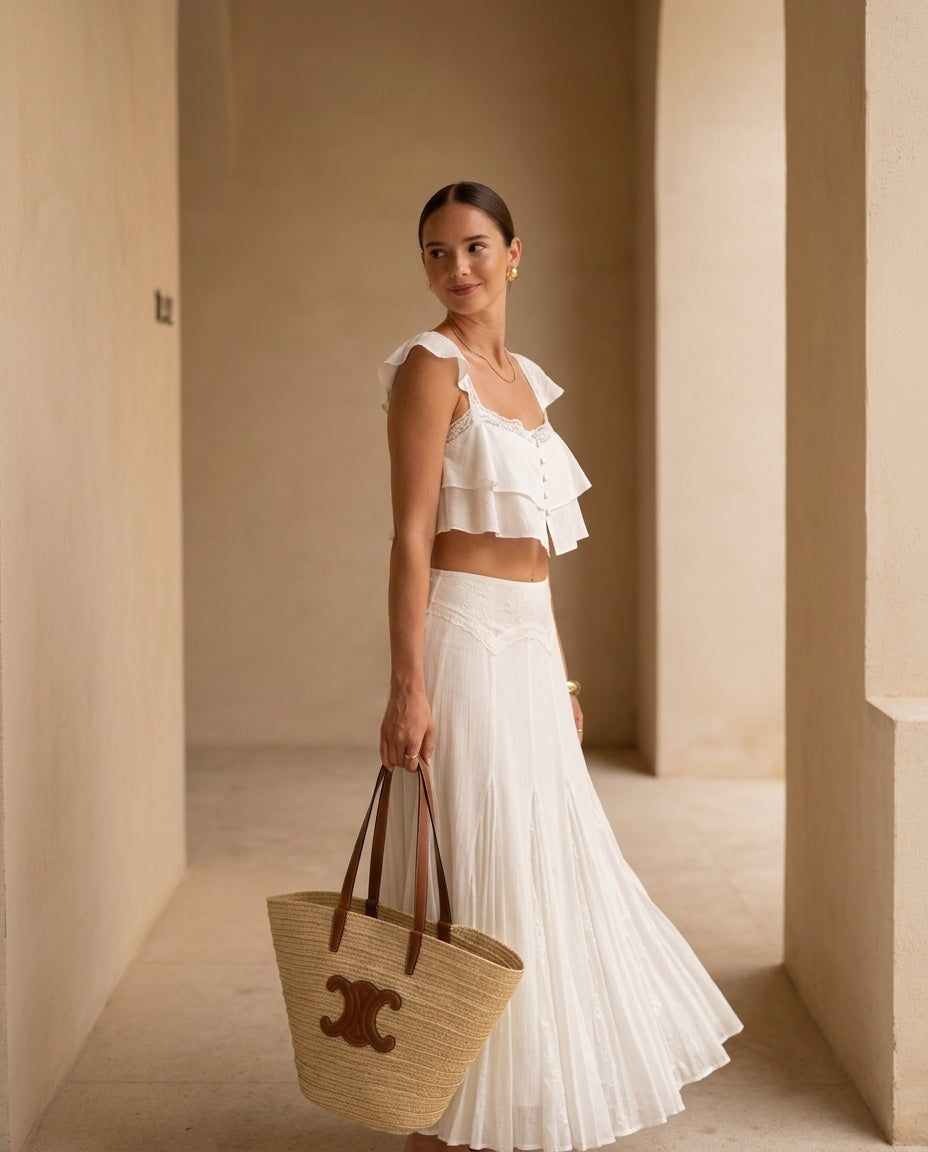 Ivory Poise Resort Eyelet Skirt Set Ivory Skirt Set with Cropped silhouette and Textured texture, editorial ecommerce scene for Resort Wear, Evening in Amalfi, Euro Chic Premium by rieiss