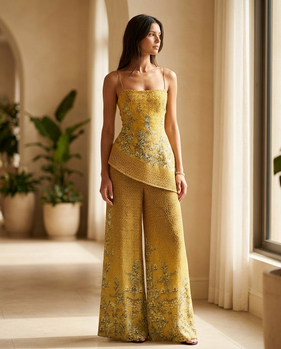 Butter Yellow Poise Resort Floral Pant Set Butter Yellow Pant Set with Asymmetric silhouette and Ribbed Knit texture, editorial ecommerce scene for Resort Wear, a Palm Springs weekend, US Coastal Glam by rieiss