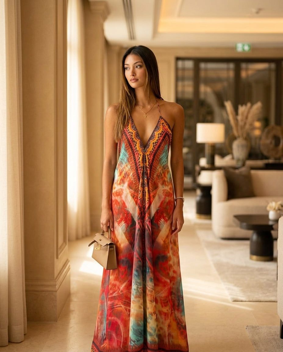 Orange Velvet Resort Abstract Print Maxi Dress Orange Maxi Dress with Asymmetric silhouette and Textured texture, editorial ecommerce scene for Resort Wear, a Palm Springs weekend, US Coastal Glam by rieiss
