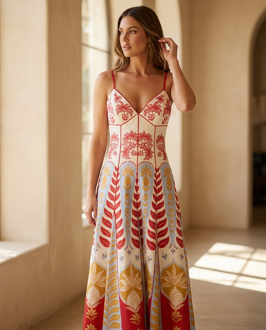 Ivory Reverie Resort Printed Maxi Dress Ivory Maxi Dress with Asymmetric silhouette and Textured texture, editorial ecommerce scene for Resort Wear, a private garden lunch, US East / Hamptons Elite by -