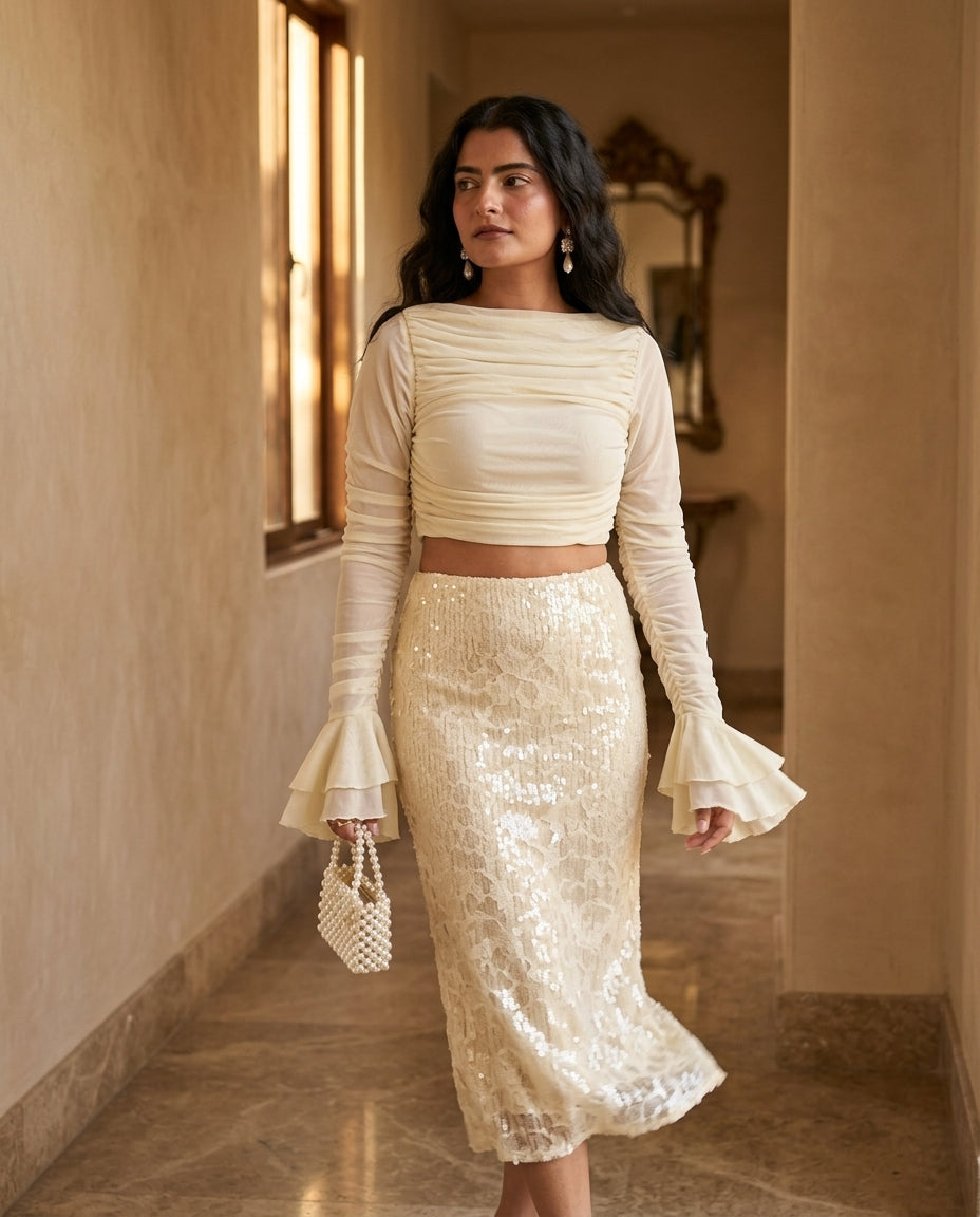 Ivory Lustre Evening Ruched Two-Piece Set Ivory Two-Piece Set with Asymmetric silhouette and Textured texture, editorial ecommerce scene for Date Night, a rooftop dinner in LA, US Coastal Glam
