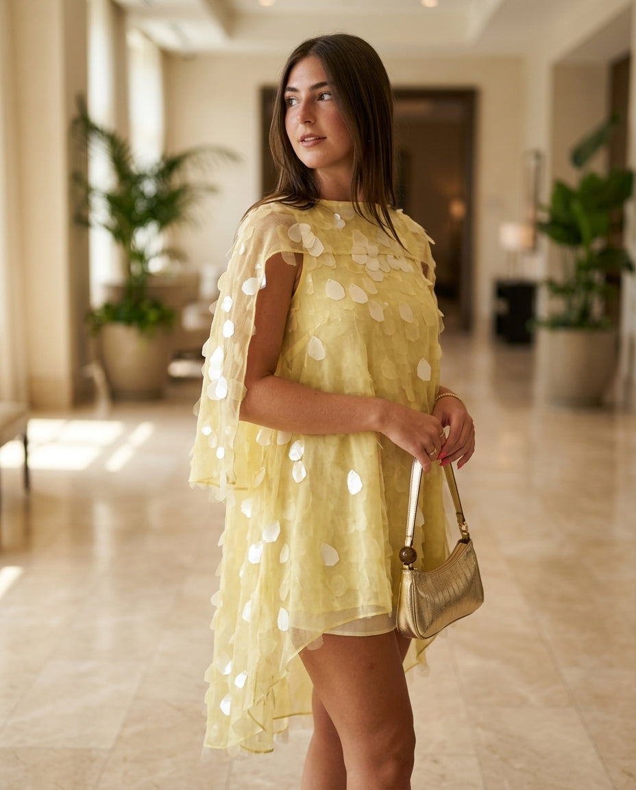 Butter Yellow Grace Evening Sheer Maxi Dress Butter Yellow Maxi Dress with Asymmetric silhouette and Textured texture, editorial ecommerce scene for Resort Wear, Evening in Amalfi, Euro Chic Premium by -