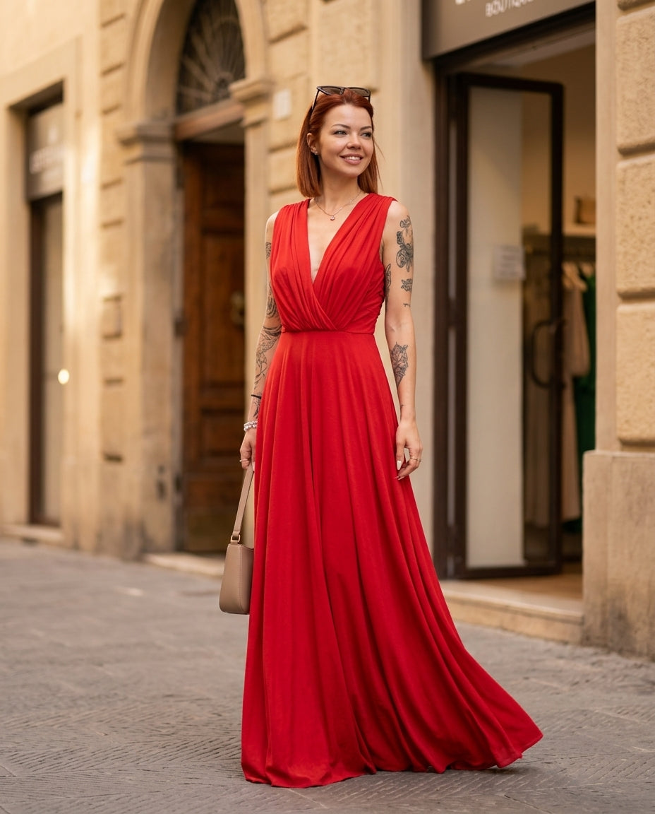 Red Aura Evening Ruched Maxi Dress Red Maxi Dress with Relaxed Fit silhouette and Ribbed Knit texture, fabric and construction detail for Date Night, a polished coastal brunch, US East / Hamptons Elite by Rieiss