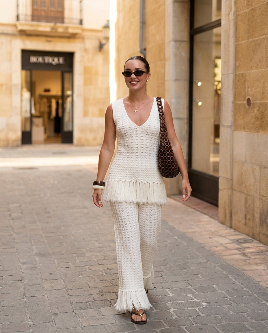 Ivory Bloom Resort Printed Romper Ivory Romper with Wide-Leg silhouette and Ribbed Knit texture, fabric and construction detail for Resort Wear, Coffee in Marais, Euro Chic Premium by Rieiss