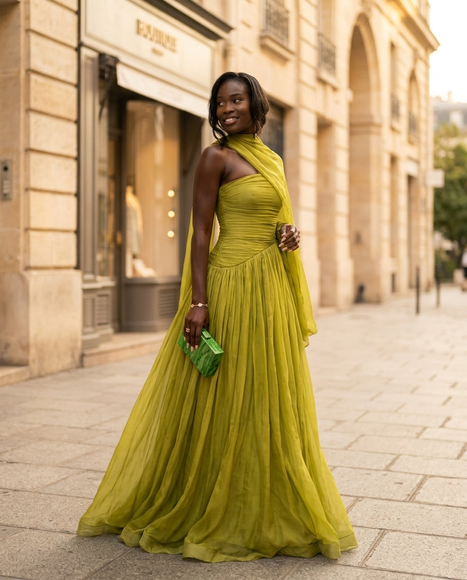 Sage Solace Evening Ruched Maxi Dress Sage Maxi Dress with Asymmetric silhouette and Textured texture, fabric and construction detail for Date Night, an estate dinner at golden hour, US East / Hamptons Elite by Rieiss