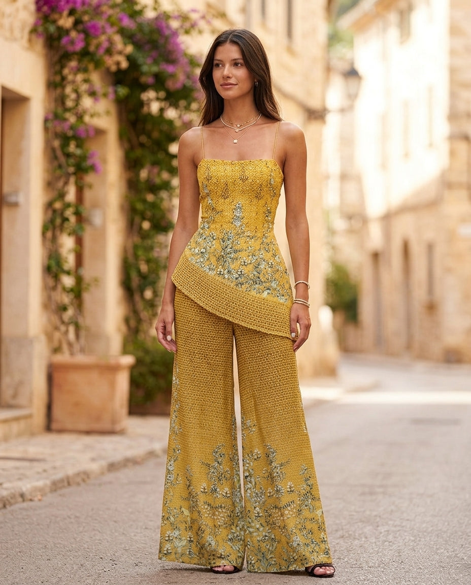 Butter Yellow Poise Resort Floral Pant Set Butter Yellow Pant Set with Asymmetric silhouette and Ribbed Knit texture, fabric and construction detail for Resort Wear, a Palm Springs weekend, US Coastal Glam by rieiss