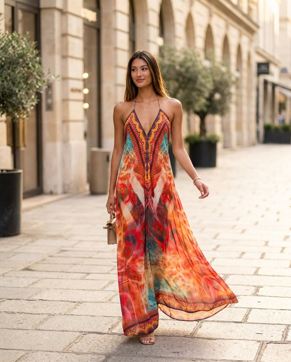 Orange Velvet Resort Abstract Print Maxi Dress Orange Maxi Dress with Asymmetric silhouette and Textured texture, fabric and construction detail for Resort Wear, a Palm Springs weekend, US Coastal Glam by rieiss