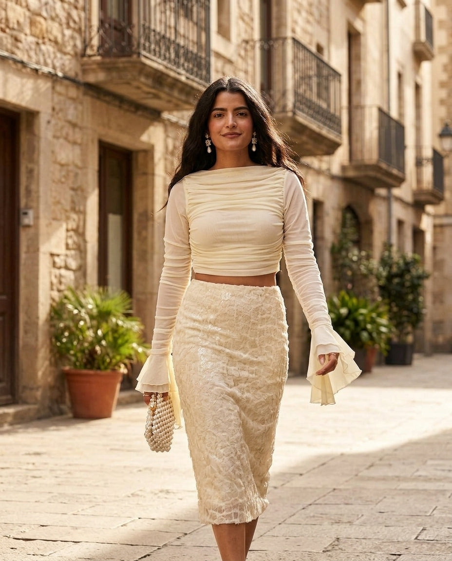 Ivory Lustre Evening Ruched Two-Piece Set Ivory Two-Piece Set with Asymmetric silhouette and Textured texture, fabric and construction detail for Date Night, a rooftop dinner in LA, US Coastal Glam