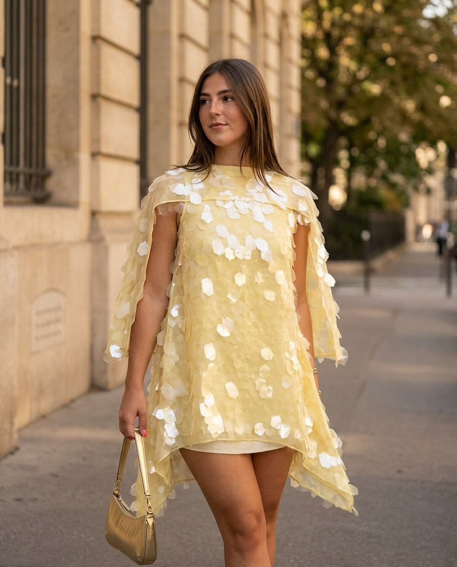 Butter Yellow Grace Evening Sheer Maxi Dress Butter Yellow Maxi Dress with Asymmetric silhouette and Textured texture, fabric and construction detail for Resort Wear, Evening in Amalfi, Euro Chic Premium by -