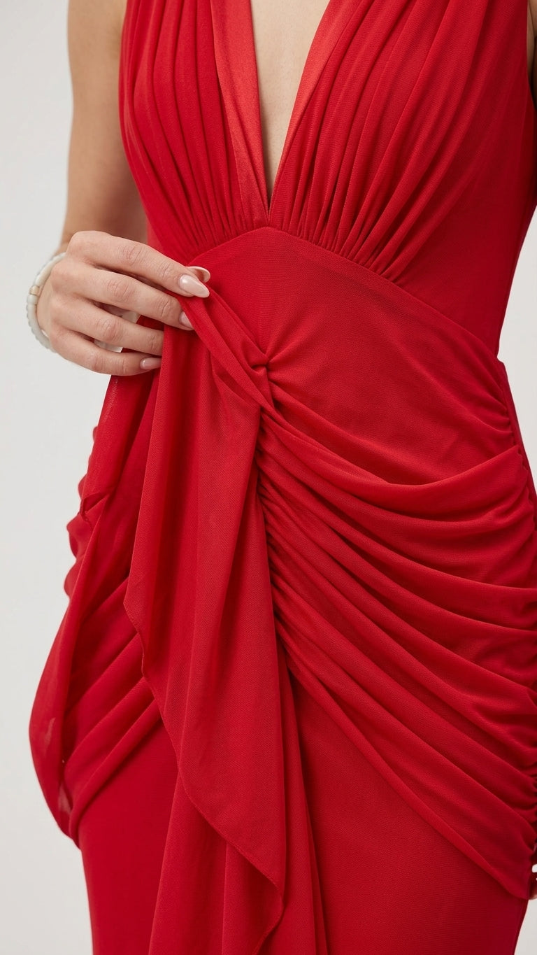 Red Aura Evening Ruched Maxi Dress Red Maxi Dress with Relaxed Fit silhouette and Ribbed Knit texture, additional styling view for Date Night, a polished coastal brunch, US East / Hamptons Elite by Rieiss
