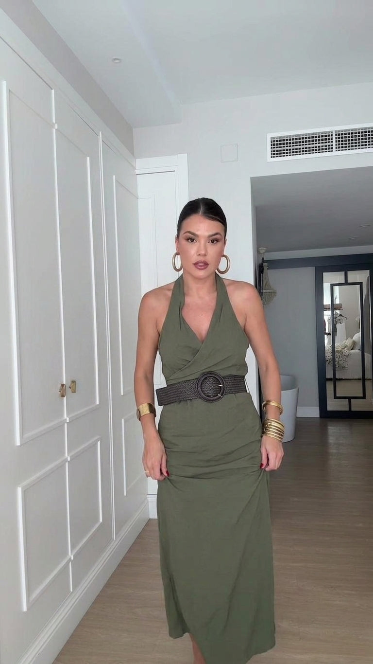 Olive Green Reverie Resort Linen Maxi Dress Olive Green Maxi Dress with Asymmetric silhouette and Linen Blend texture, additional styling view for Resort Wear, a polished coastal brunch, US East / Hamptons Elite by Rieiss
