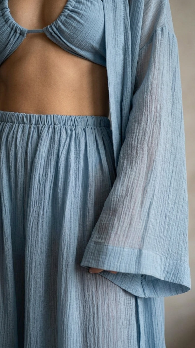Light Blue Muse Resort Pleated Jacket Light Blue Jacket with Relaxed Fit silhouette and Textured texture, additional styling view for Resort Wear, a private garden lunch, US East / Hamptons Elite by Rieiss