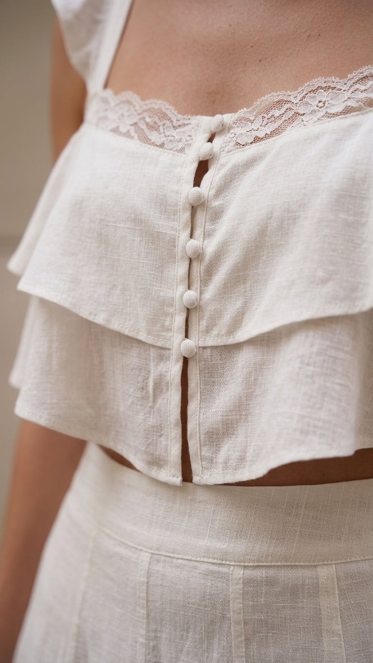 Ivory Poise Resort Eyelet Skirt Set Ivory Skirt Set with Cropped silhouette and Textured texture, additional styling view for Resort Wear, Evening in Amalfi, Euro Chic Premium by rieiss