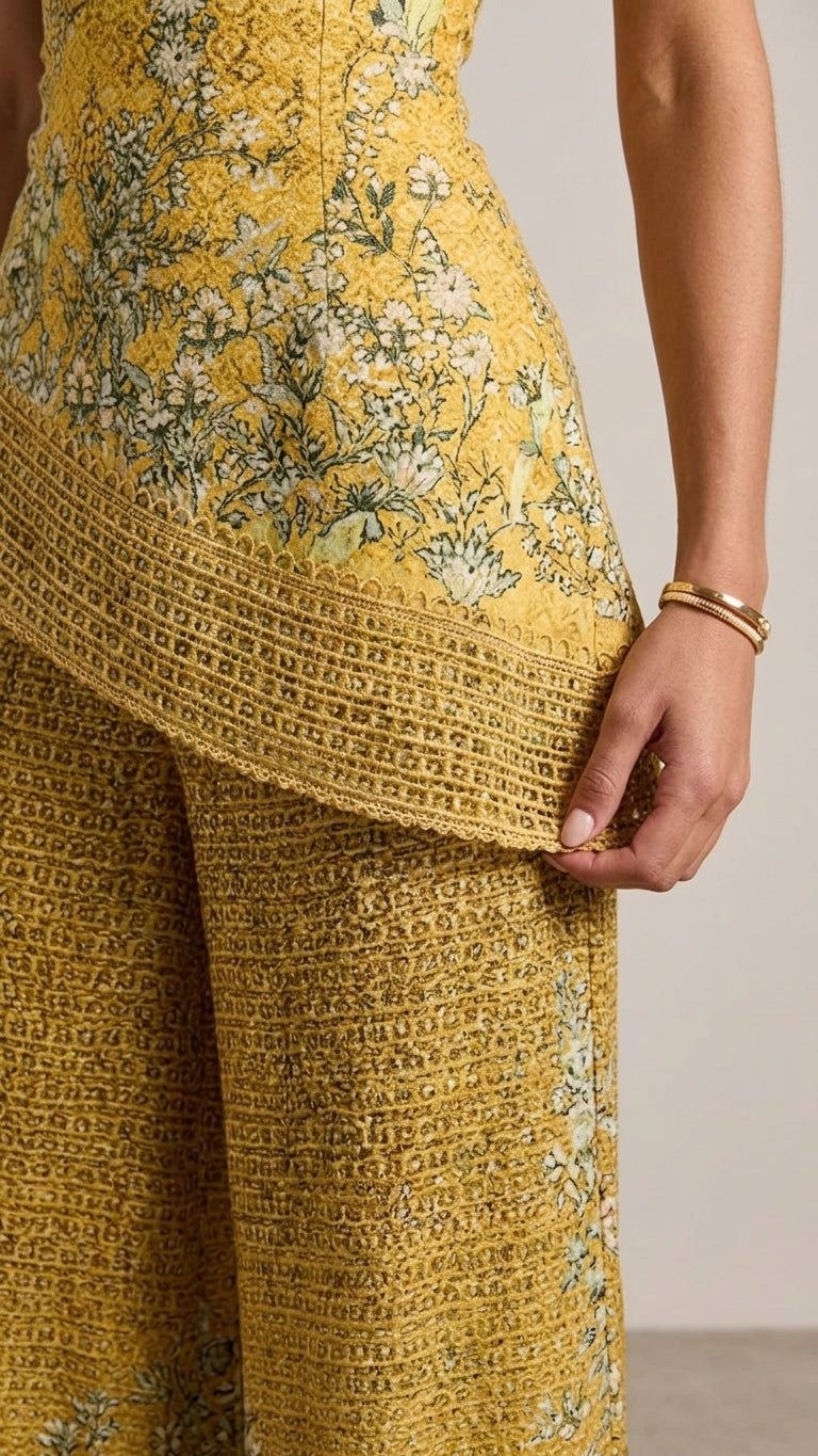 Butter Yellow Poise Resort Floral Pant Set Butter Yellow Pant Set with Asymmetric silhouette and Ribbed Knit texture, additional styling view for Resort Wear, a Palm Springs weekend, US Coastal Glam by rieiss