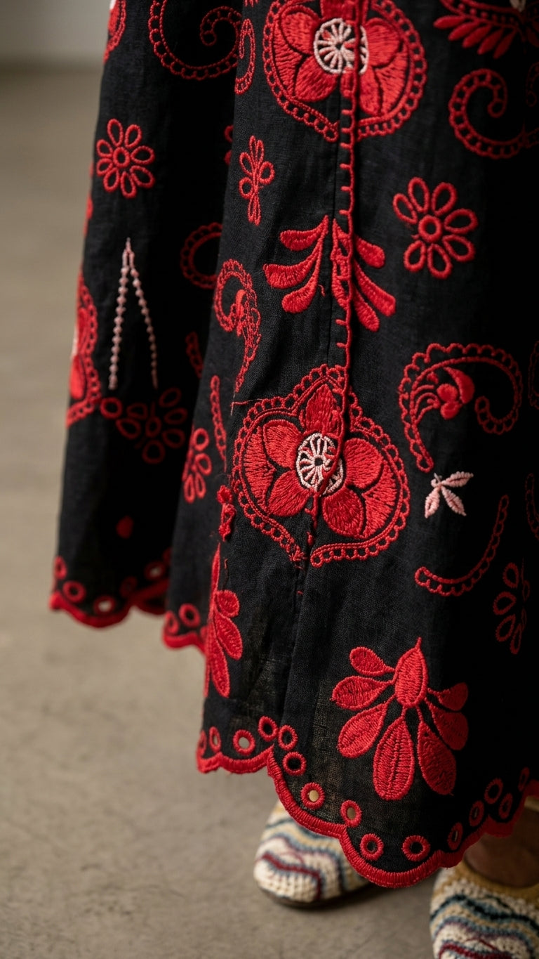 Black Allure Resort Embroidered Maxi Dress Black Maxi Dress with Relaxed Fit silhouette and Textured texture, additional styling view for Resort Wear, a gallery opening in Paris, Euro Chic Premium by -