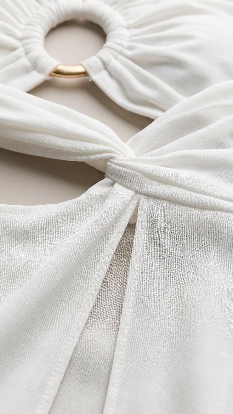 Ivory Aura Resort Textured Romper Ivory Romper with Cropped silhouette and Textured texture, additional styling view for Resort Wear, an estate dinner at golden hour, US East / Hamptons Elite by -