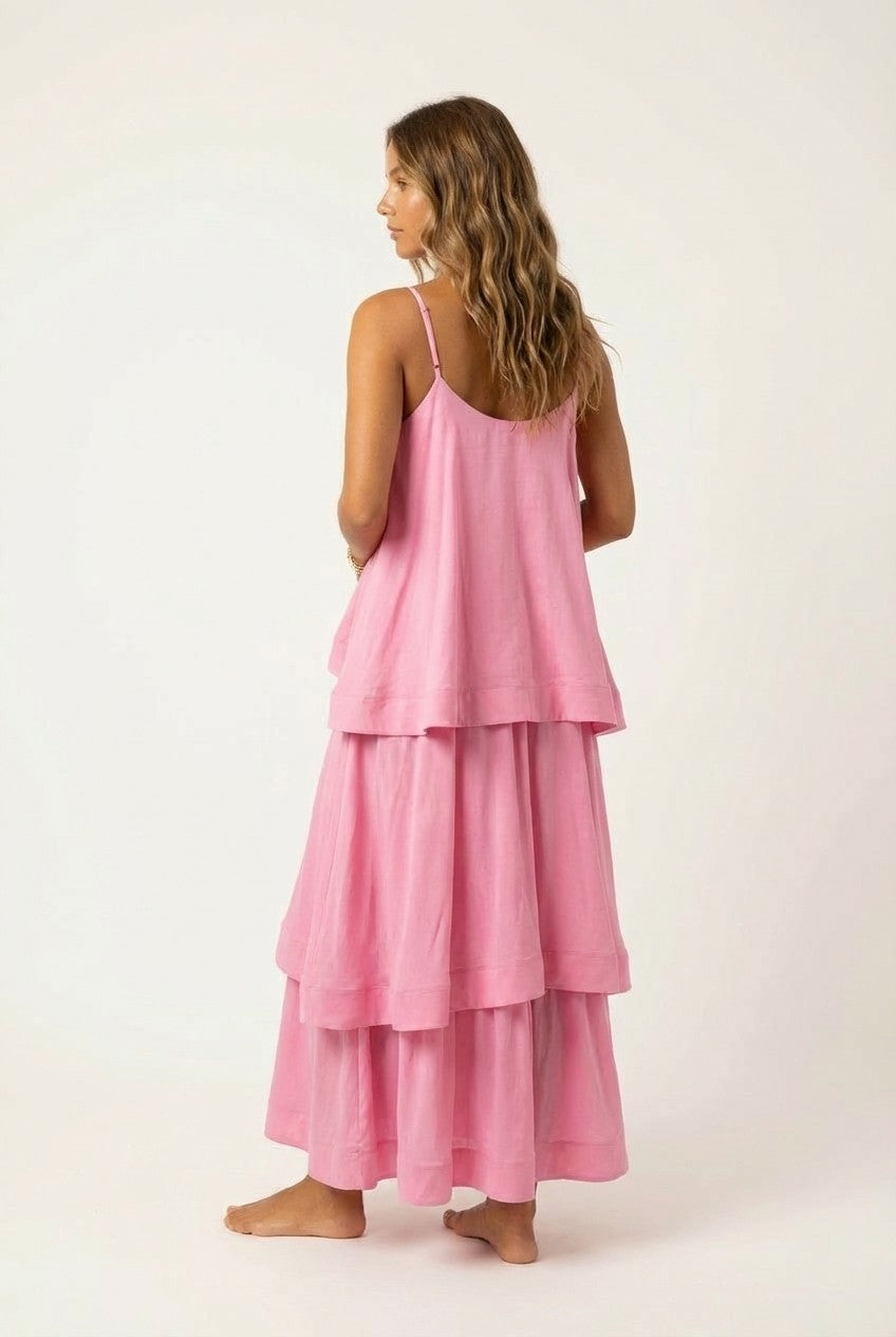 Blossom Pink Tiered Maxi Dress Flowy Spaghetti Strap Resort Style