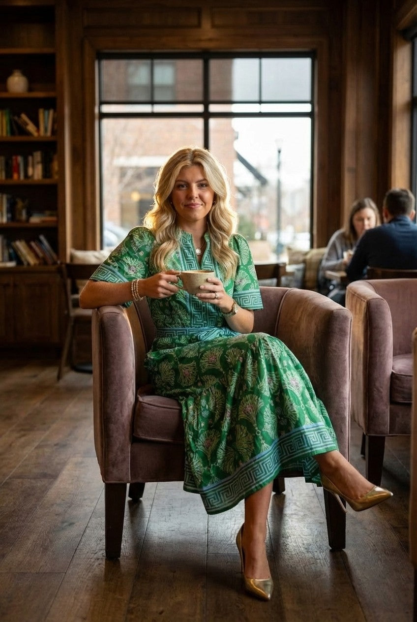 Women's Printed Cotton Midi Dress Belted Tiered Garden Party Style