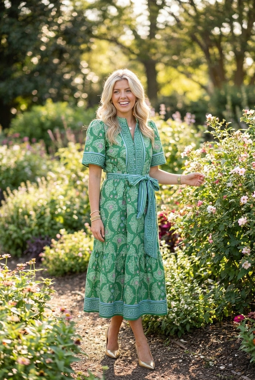 Women's Printed Cotton Midi Dress Belted Tiered Garden Party Style