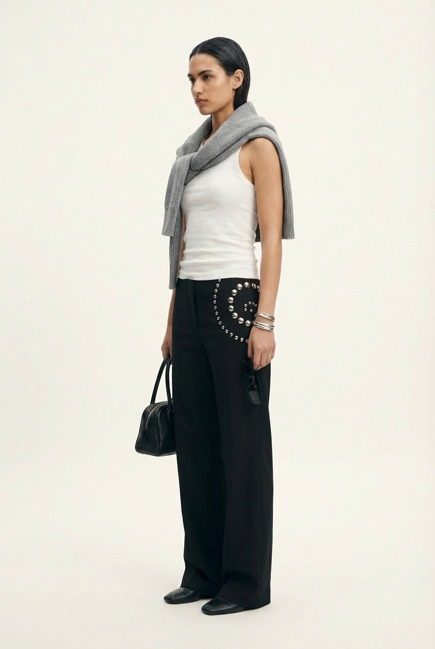 Studded Wide-Leg Cotton Pants With Silver Embellishments