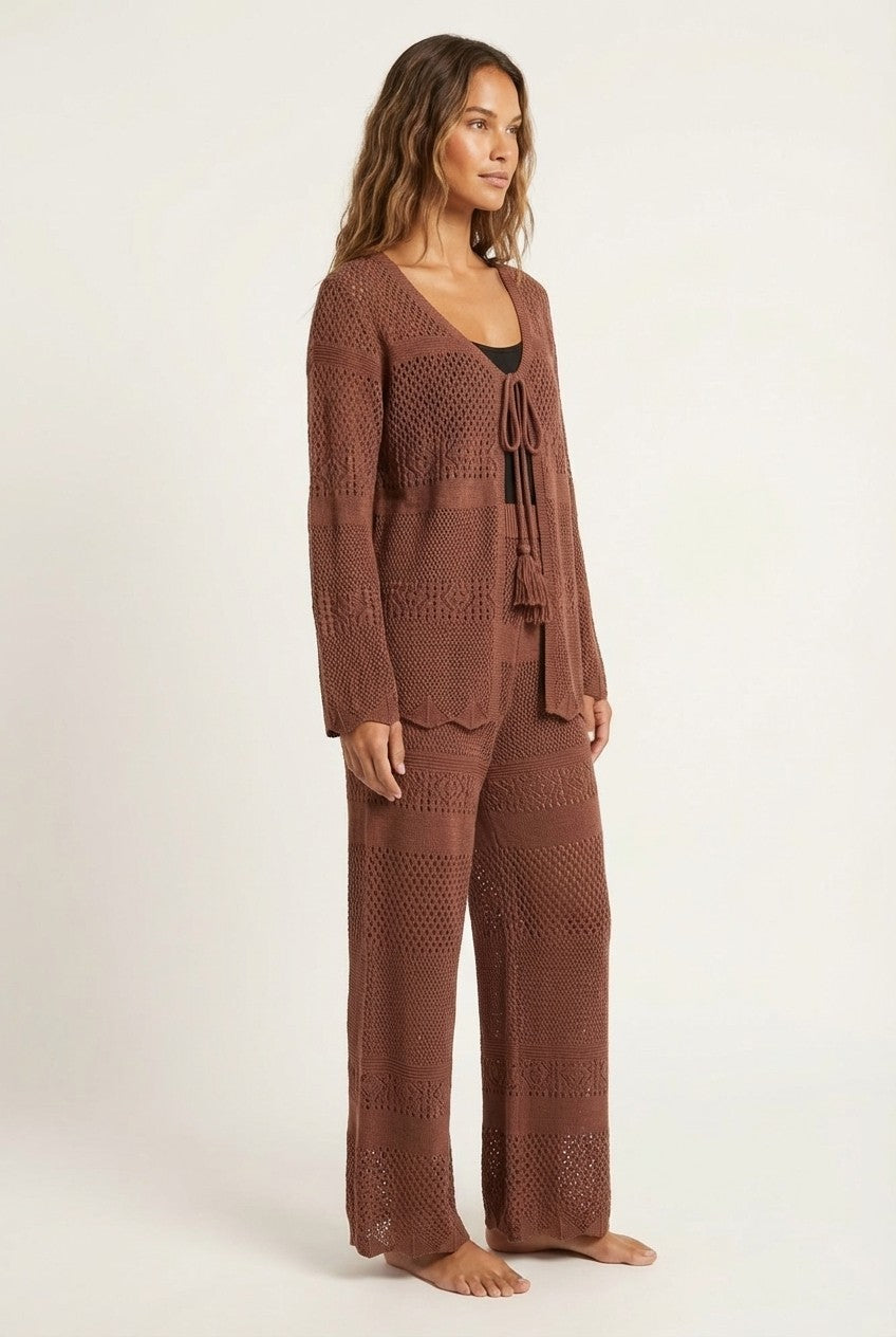 Boho Open-Knit Cardigan and Pants Set, Tassel Tie Loungewear