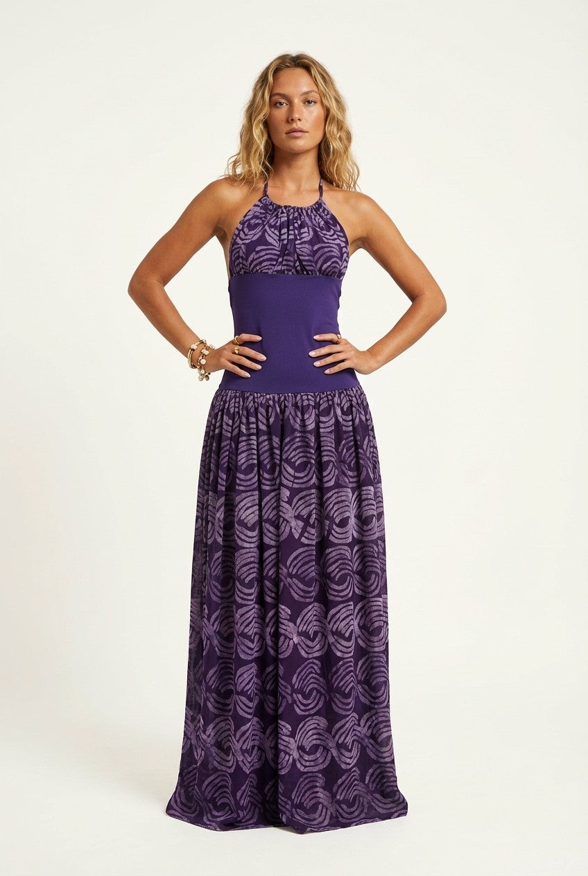 Halter Neck Printed Flowy Maxi Dress with Cinched Waist