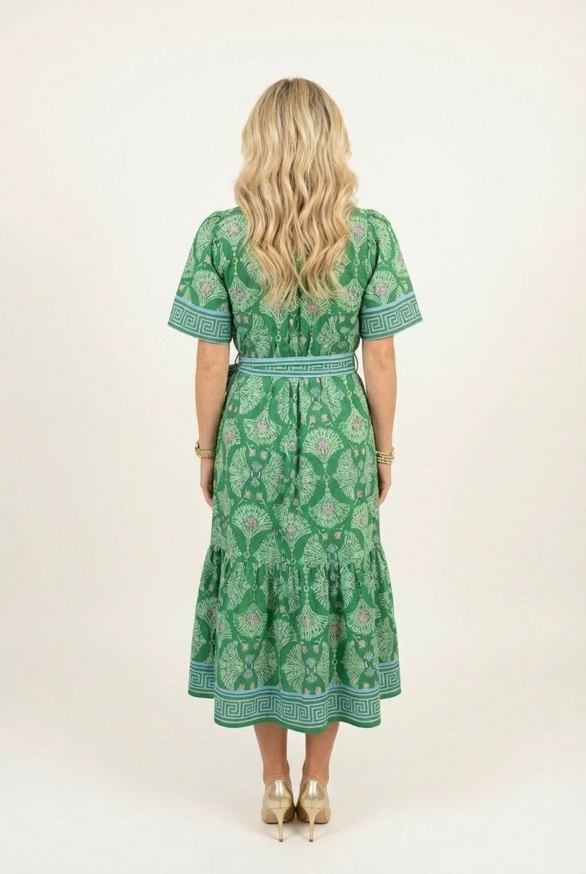 Women's Printed Cotton Midi Dress Belted Tiered Garden Party Style