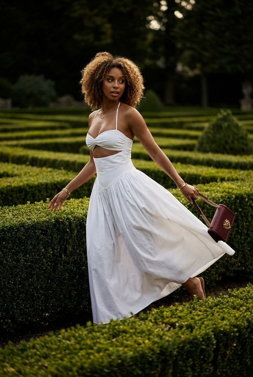 Women's White Cotton Halter Cut-Out Midi Dress Flowy Summer Vibe