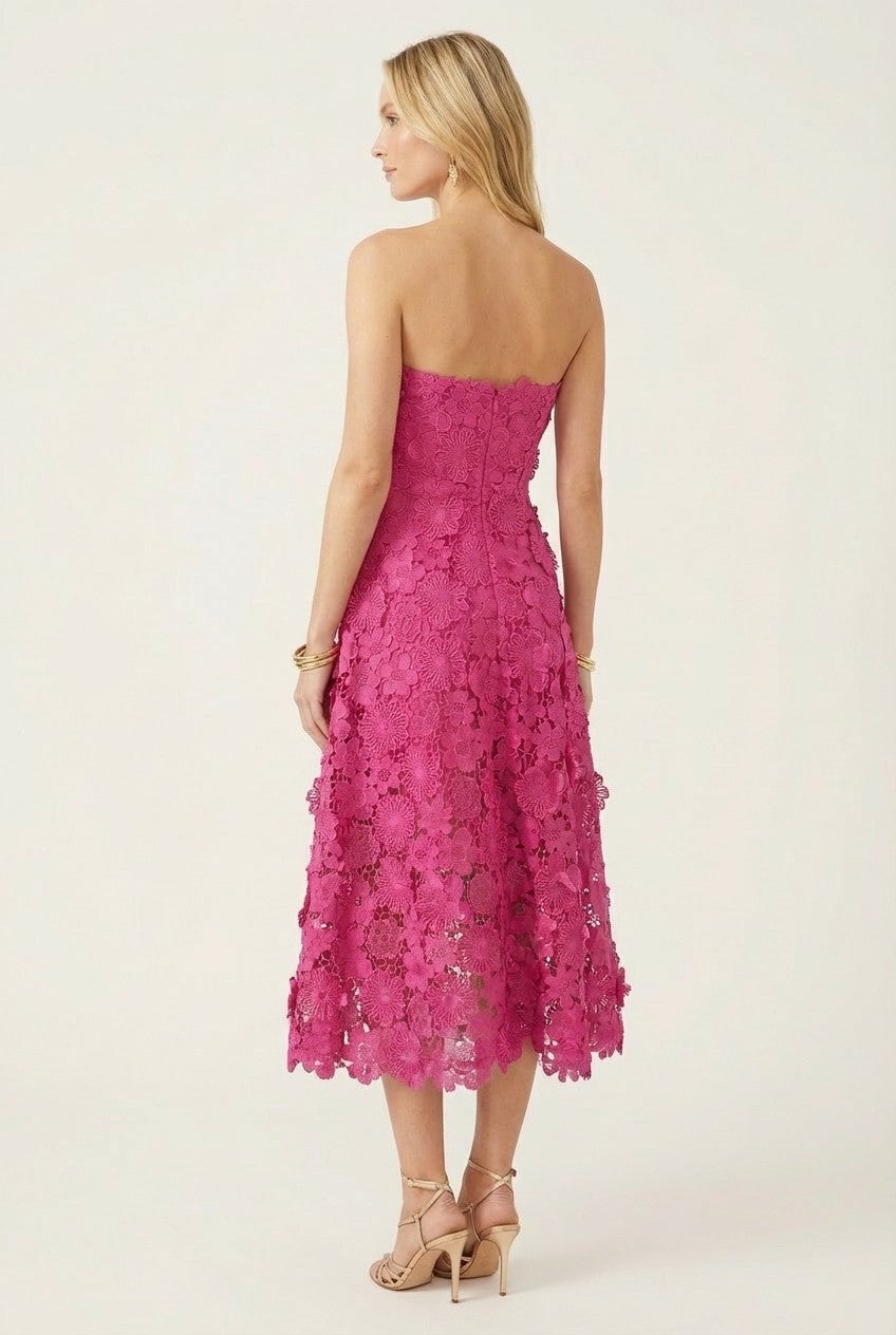 3D Floral Lace Strapless Midi Dress, Elegant A-Line Evening Style