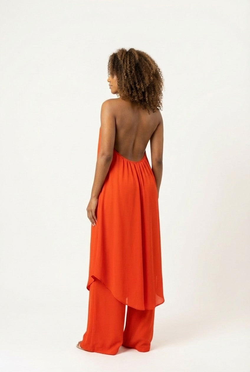 Draped Chiffon Halter Tunic and Wide Leg Pants Set, Resort Chic
